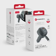 FORCELL Auto punjač F-Energy s USB-C, USB-A i uvlačivim USB-C kabelom, crni