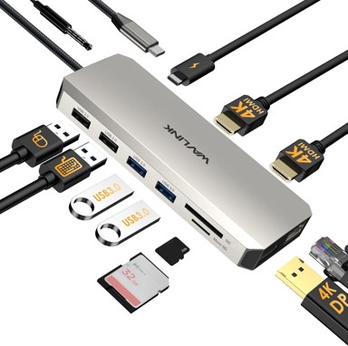 WAVLINK Priključna stanica za dva monitora, USB-C, dual HDMI i DP, 100 W PD, USB, RJ45, SD/TF, audio
