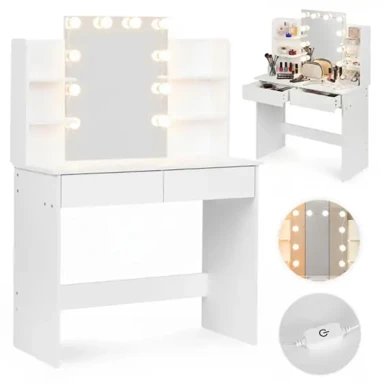 MODERNHOME Kozmetički stol s LED ogledalom, 10 LED žarulja, 2 ladice, 4 police, bijeli