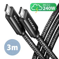 AXAGON USB-C na USB-C kabel BUCM2-CM30AB, USB 2.0, PD 3.1, 240 W, 5 A, 3 m, aluminij, crna