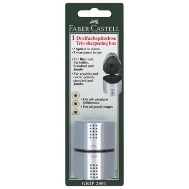FABER-CASTELL Šiljilo PVC s PVC kutijom, 183897, 3 rupe, Grip 2001 Trio, srebrno, blister
