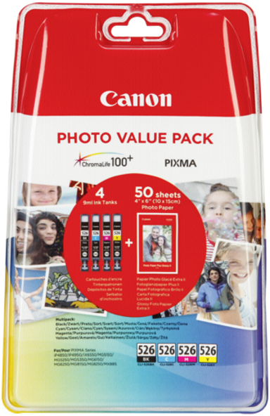 CANON Tinta za printer CLI-526 Foto Vrijednosno pakiranje C/M/Y/BK PP-201 10x15 cm 50 Listova