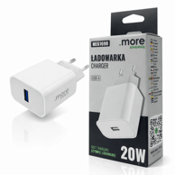 USB-A zidni punjač za brzo punjenje, 20 W, PD, 3 A, bijeli