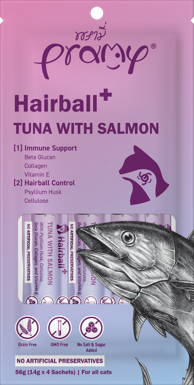 PRAMY Poslastica Hairball, tuna i losos, 4×14 g