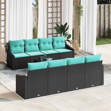 Set sofa, 9-dijelni, s jastucima, od poliratana, crni i tirkizni