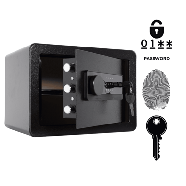 NIKCORP Oklopni kućni biometrijski sef, otisak prsta i šifra, dimenzije 25 × 35 × 25 cm, čelik, crna