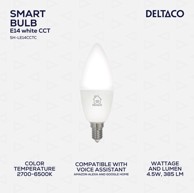 DELTACO LED žarulja, E14, WiFi 2.4 GHz, 5 W, 470 lm, podesiva svjetlina, 2700K–6000K, 220–240 V, bijela 