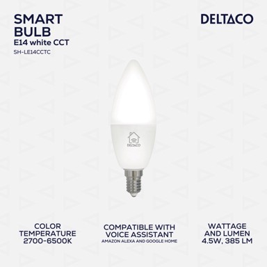 DELTACO LED žarulja, E14, WiFi 2.4 GHz, 5 W, 470 lm, podesiva svjetlina, 2700K–6000K, 220–240 V, bijela 