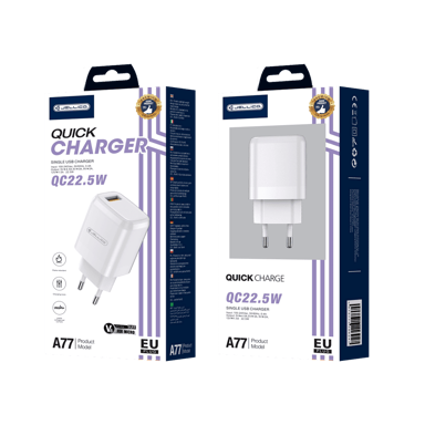 JELLICO Punjač adapter A77, USB-A, Micro USB kabel, Quick Charge, 22,5 W, 3 A, bijela, EU blister