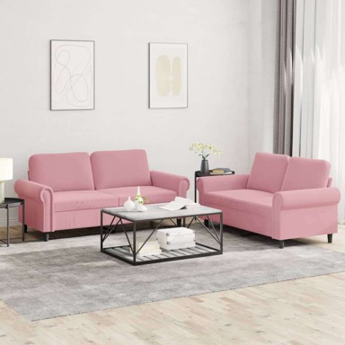 2-dijelni set sofa, s jastucima, baršunasti, bez oslonca za noge, ružičasta