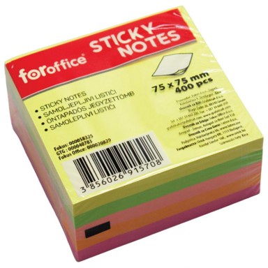 FOROFFICE Samoljepljiva kocka, 75 x 75 mm, 400 listova, 5 neon boja