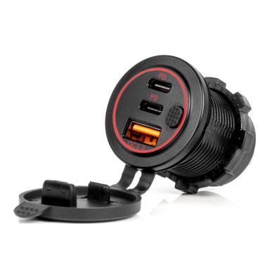AMIO Modularni auto punjač, vodootporni, prekidač, crveno LED osvjetljenje, USB + 2x USB-C QC3.0, 12/24V
