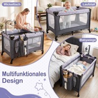 COSTWAY Putni krevetić za bebe, sklopivi, kotači, kočnica, sivi