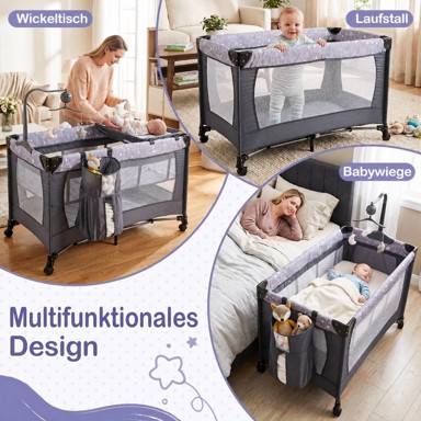COSTWAY Putni krevetić za bebe, sklopivi, kotači, kočnica, sivi