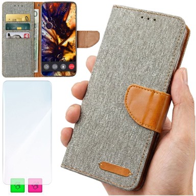 Preklopna maskica za Samsung Galaxy A25 5G, od platna, sa zaštitnim staklom, siva