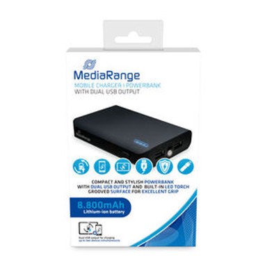 MEDIARANGE Punjač/powerbank, 8800 mAh, 2×USB-A, LED svjetiljka, crni