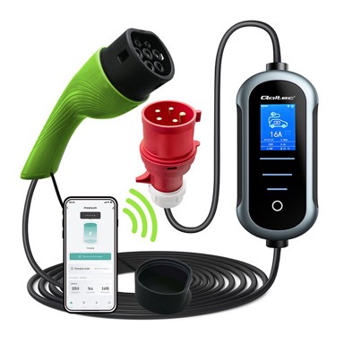 QOLTEC Punjač za električno vozilo Mobile EV 2 u 1 Type 2, Wi-Fi, podrška za TUYA i SMART LIFE, LCD zaslon, prijenosni / wallbox, 11 kW, 400 V, 5 m
