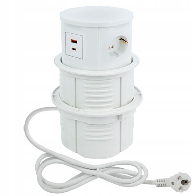 Utičnica za punjenje skrivena u radnoj površini, bijela, 3 x 230V, 2xUSB, 16A