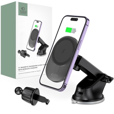 TECH-PROTECT V1 MagSafe teleskopski auto stalak s bežičnim punjenjem 15W za staklo, ploču i ventilaciju