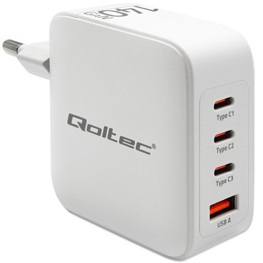 QOLTEC Punjač 518282, GaN, 140W, 3x USB-C PD + 1x USB-A QC 3.0, bijeli
