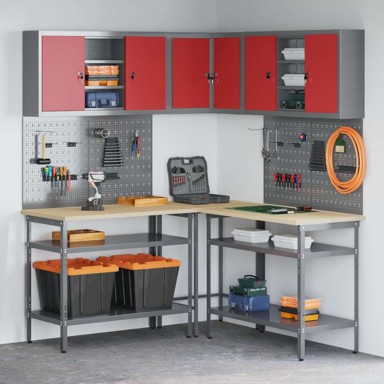 Set radnog stola za pohranu alata od 10 komada, crvena drvo i metal