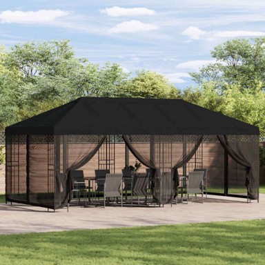 Paviljon s bočnim stranama, 6 x 3 m, poliester i čelik 190, crna