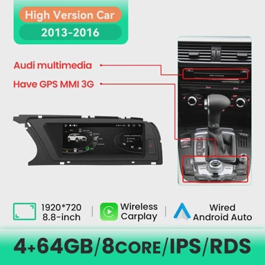 Autoradio uređaj, Android 13 bežični CarPlay za Audi A4 (2009–2016), MMI 3G, 4GB/64GB, 13–16