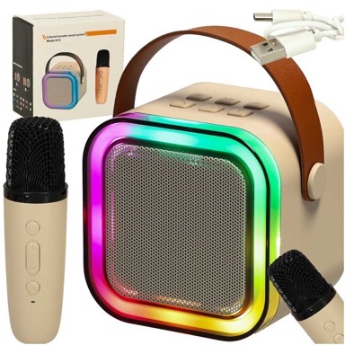 Karaoke zvučnik s mikrofonom, Bluetooth, USB, LED, bež