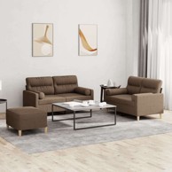 3-dijelni set sofa s jastucima smeđi od tkanine, smeđa s jastucima i tabureom