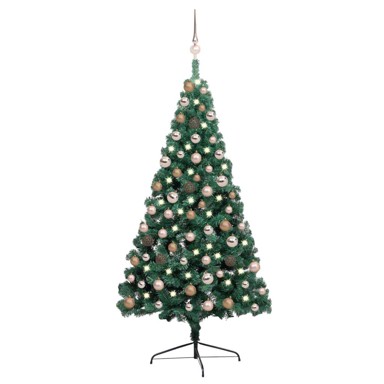 Božićno drvce umjetno, polovica, osvijetljeno zelena, 150 cm, rose gold kuglice