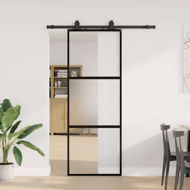Klizna vrata s priborom crna 76 x 205 cm kaljeno staklo 3 vodoravne šipke mat i prozirno