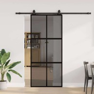 Klizna vrata s priborom crna 90 x 205 cm kaljeno staklo crna i tamno prozirna mreža 4 x 2