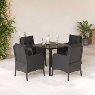 5-dijelni vrtni blagovaonski set s jastucima od poli-ratana, dužina stola 80 cm, okrugla noga, crni