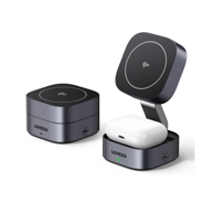 UGREEN Punjač 2u1 Qi2 Magnetic Foldable, 15W, iPhone 12–16/AirPods, sivi