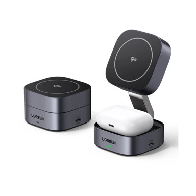 UGREEN Punjač 2u1 Qi2 Magnetic Foldable, 15W, iPhone 12–16/AirPods, sivi