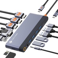 NOVOO Priključna stanica za dva monitora, USB-C čvorište, 2 x HDMI 4K 60Hz, DP, VGA, Ethernet, PD 100 W, 5 x USB, SD/TF, audio