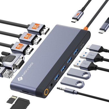 NOVOO Priključna stanica za dva monitora, USB-C čvorište, 2 x HDMI 4K 60Hz, DP, VGA, Ethernet, PD 100 W, 5 x USB, SD/TF, audio