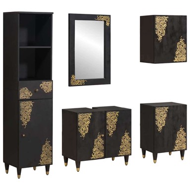 Set ormarića za kupaonicu zidni, 5 pcs, crni, čvrsto drvo manga