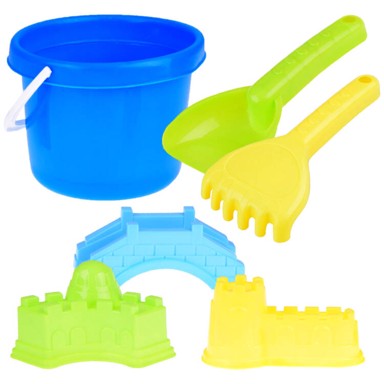 Set za pijesak kanta + lopata + grablje + kalupi