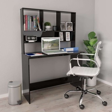 Radni stol s policama, 110 x 45 x 157 cm, iverica, visoki sjaj, crna