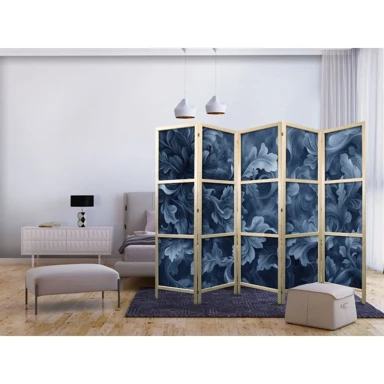 Japanski paravan Apstraktni ornamenti, tamnoplavo viktorijansko lišće, 225x172 cm