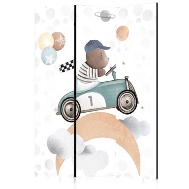 Paravan Galaktičke utrke, medvjed u automobilskoj utrci među planetima, oblacima i zvijezdama u pastelnim bojama, 135x172 cm, akustični
