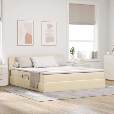 Krevet s LED lampicom i uzglavljem 180 x 200 cm tkanina, krem
