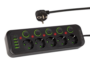 BLOW Produžni kabel PS-550S, 5 utičnica, 4 x USB, 1 x USB-C, 5 m, crni