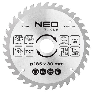 NEO TOOLS karbidni list kružne pile 185 x 30 mm, 36 zuba