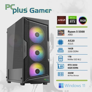 PCPLUS Stolno računalo Gamer / AMD Ryzen 5 5500, 16 GB RAM, 1 TB SSD, NVIDIA GeForce RTX 3050, Windows 11 Home, crna