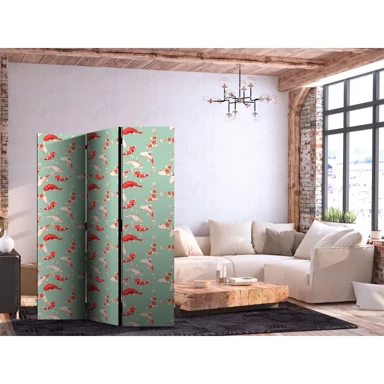 Paravan Ribe i japanski uzorak, koi ribe u narančasto-krem tonovima na zeleno-mentol podlozi s orijentalnim uzorkom, 135x172 cm, dvostrani