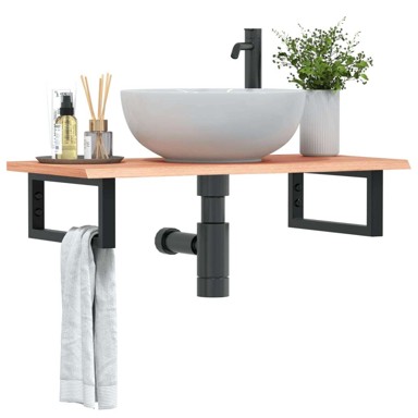Zidna polica za lavabo-umivaonik, 80 x 40 x 2 cm, smeđa i crna,  od čelika i masivne hrastovine