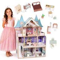 ECOTOYS Kućica za lutke Bella Castle, 4 razine, 5 prostorija, 15 kom namještaja, drvena