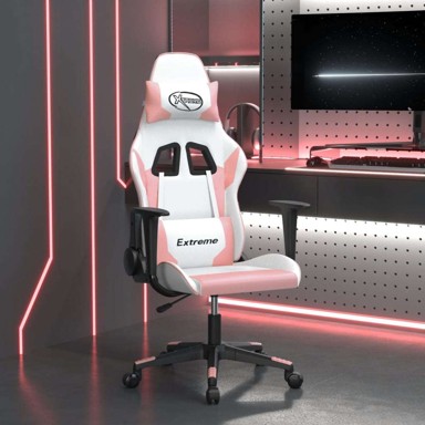 Masažna gaming stolica, umjetna koža, bijela i ružičasta, bez naslona za noge, 1 komad